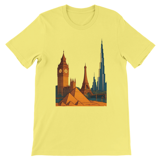 Yellow City Landmarks Animated T Shirt with colorful animated illustrations of iconic global landmarks including the Eiffel Tower Statue of Liberty and Sydney Opera House. Stylish travel lover graphic tee made from high quality cotton for wanderlust inspired streetwear and world traveler apparel.