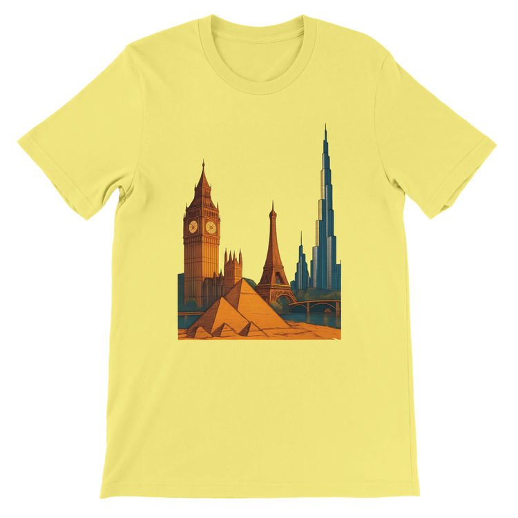 Yellow City Landmarks Animated T Shirt with colorful animated illustrations of iconic global landmarks including the Eiffel Tower Statue of Liberty and Sydney Opera House. Stylish travel lover graphic tee made from high quality cotton for wanderlust inspired streetwear and world traveler apparel.