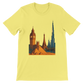 Yellow City Landmarks Animated T Shirt with colorful animated illustrations of iconic global landmarks including the Eiffel Tower Statue of Liberty and Sydney Opera House. Stylish travel lover graphic tee made from high quality cotton for wanderlust inspired streetwear and world traveler apparel.
