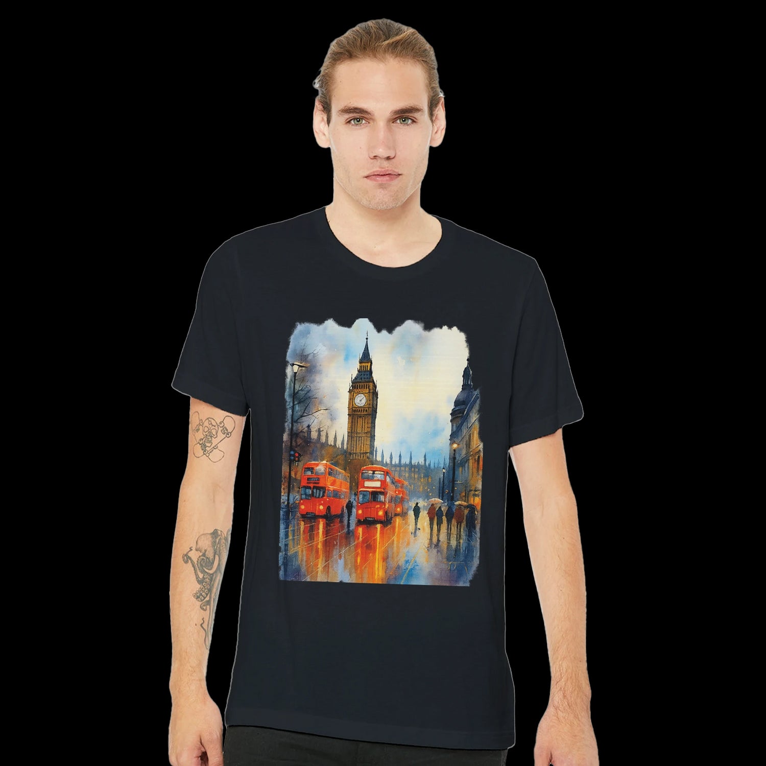 Man wearing a black London streetwear t-shirt featuring Big Ben and red double decker bus design.