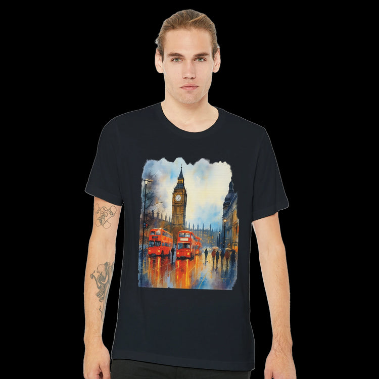 Man wearing a black London streetwear t-shirt featuring Big Ben and red double decker bus design.