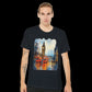 Man wearing a black London streetwear t-shirt featuring Big Ben and red double decker bus design.