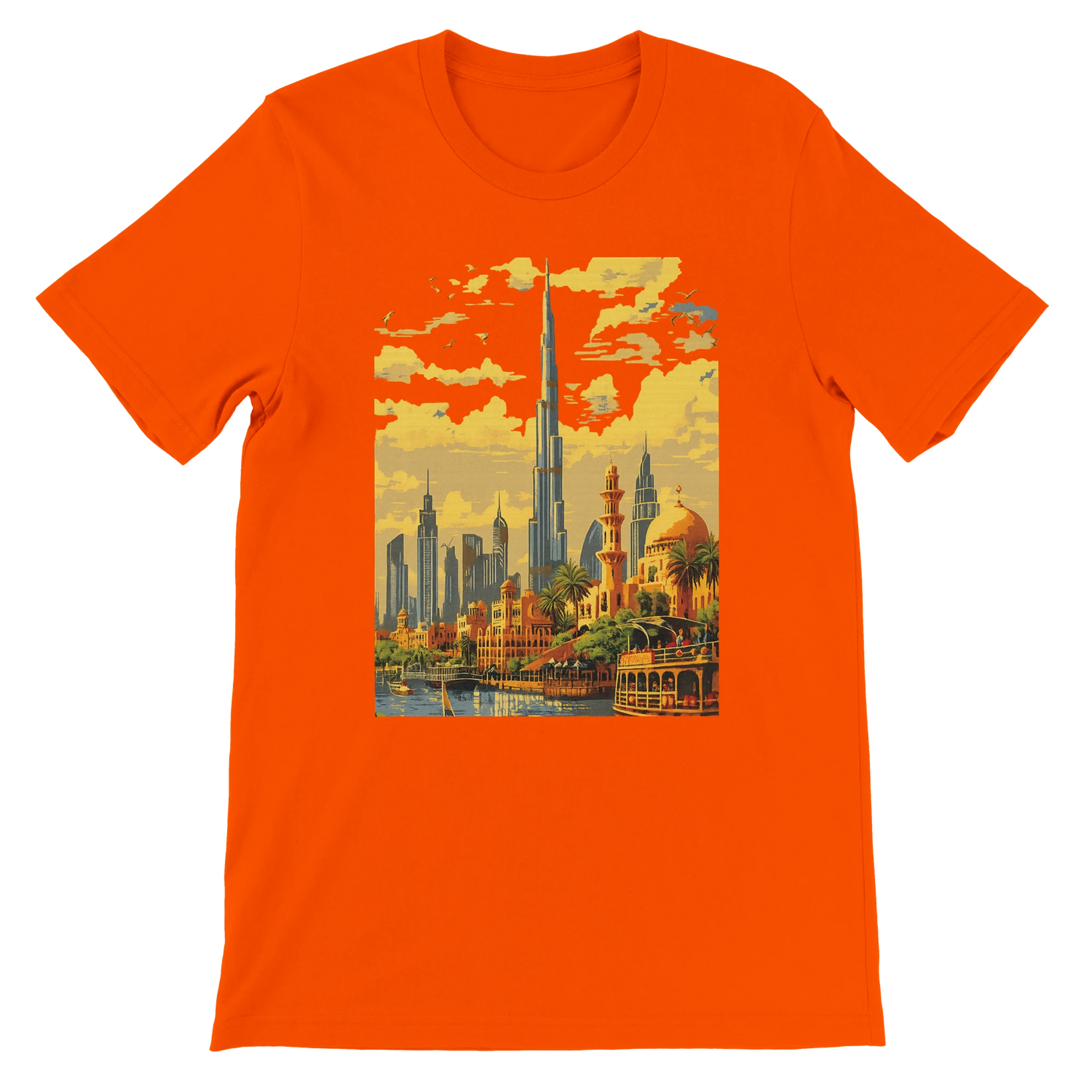 Orange Burj Khalifa Dubai animated art t shirt with bold city landmark illustration ideal for travel enthusiasts architecture lovers and streetwear trendsetters premium cotton unisex tee designed for stylish casual wear and print on demand collections