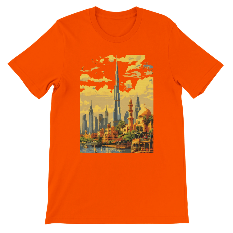 Orange Burj Khalifa Dubai animated art t shirt with bold city landmark illustration ideal for travel enthusiasts architecture lovers and streetwear trendsetters premium cotton unisex tee designed for stylish casual wear and print on demand collections