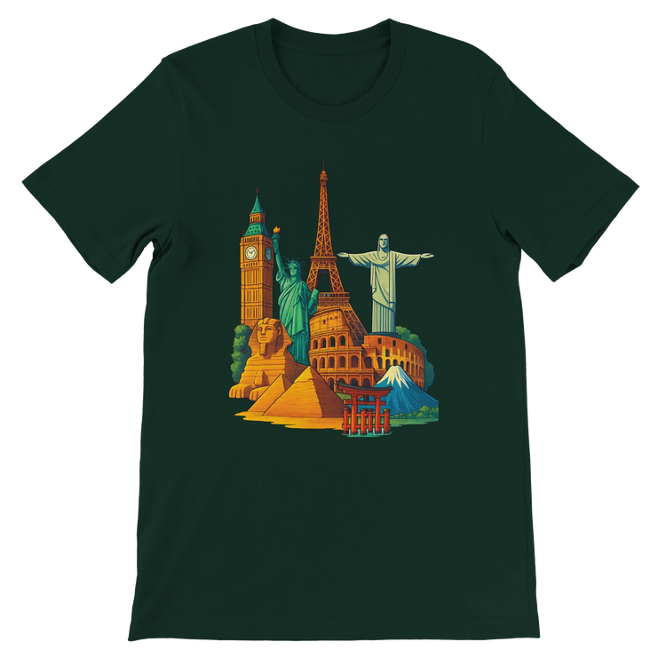 Forest Famous Landmarks Animated Style T-Shirt with animated global landmark designs crafted for adventurous travelers and streetwear enthusiasts in sustainable premium cotton with a versatile unisex fit for casual tourism inspired wear