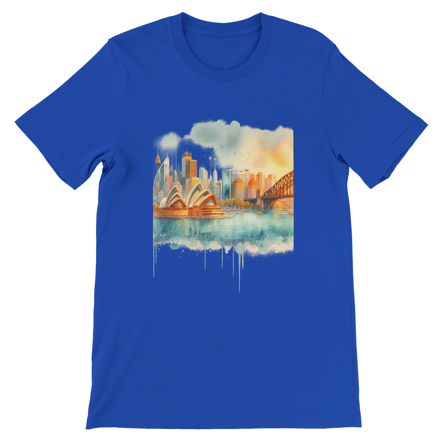 True royal blue t-shirt with animated Sydney landmark print of Opera House and Harbour Bridge. Designed for travel influencers, modern nomads, and artistic fashion lovers. DTG optimized cotton fabric with breathable and eco-conscious quality.
