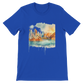 True royal blue t-shirt with animated Sydney landmark print of Opera House and Harbour Bridge. Designed for travel influencers, modern nomads, and artistic fashion lovers. DTG optimized cotton fabric with breathable and eco-conscious quality.