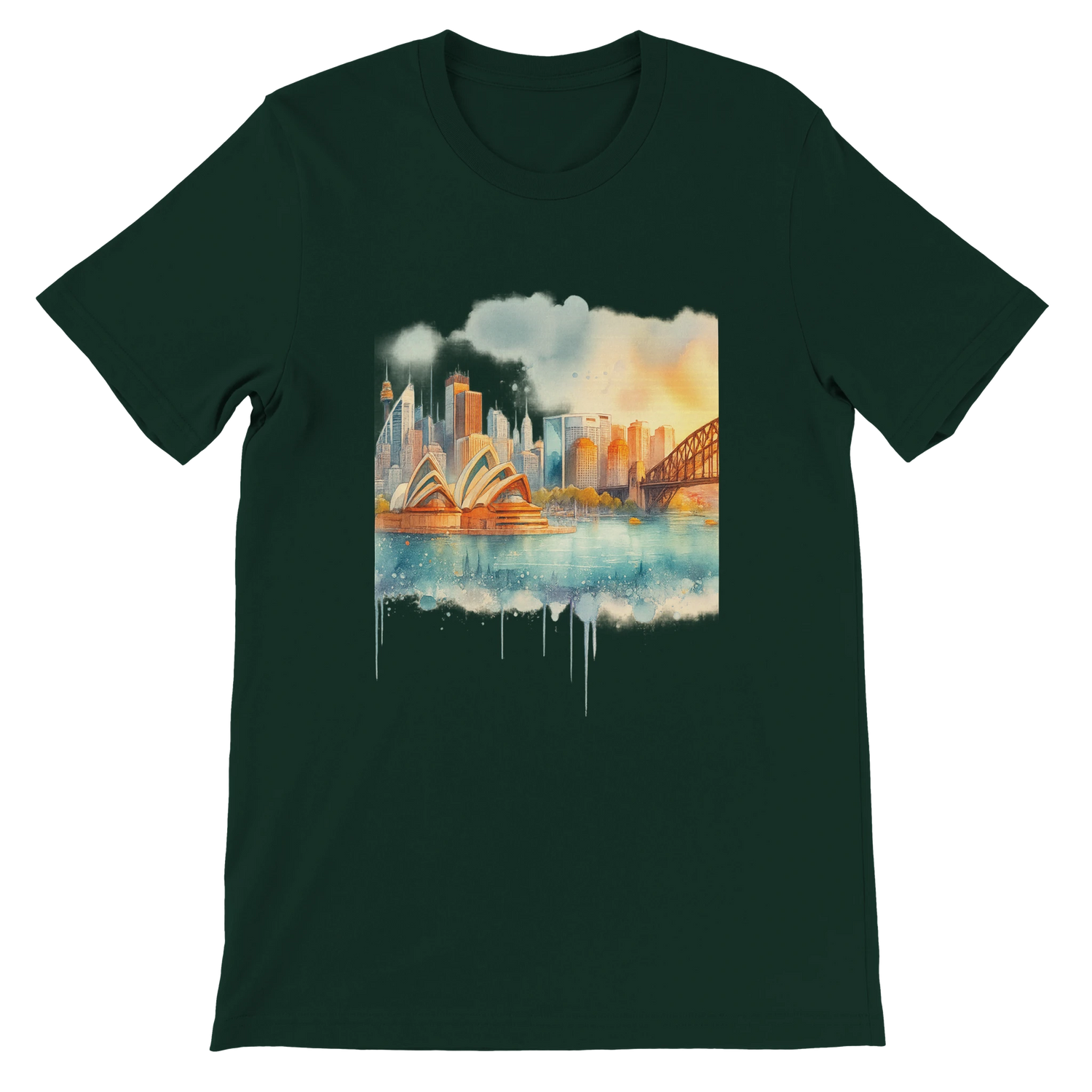 Forest green t-shirt with stylized Sydney Australia artwork, showing the Harbour Bridge and Opera House in a unique animated design. Built for travelers, festival fashion, and high-impact casual streetwear lovers.