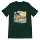 Forest green t-shirt with stylized Sydney Australia artwork, showing the Harbour Bridge and Opera House in a unique animated design. Built for travelers, festival fashion, and high-impact casual streetwear lovers.