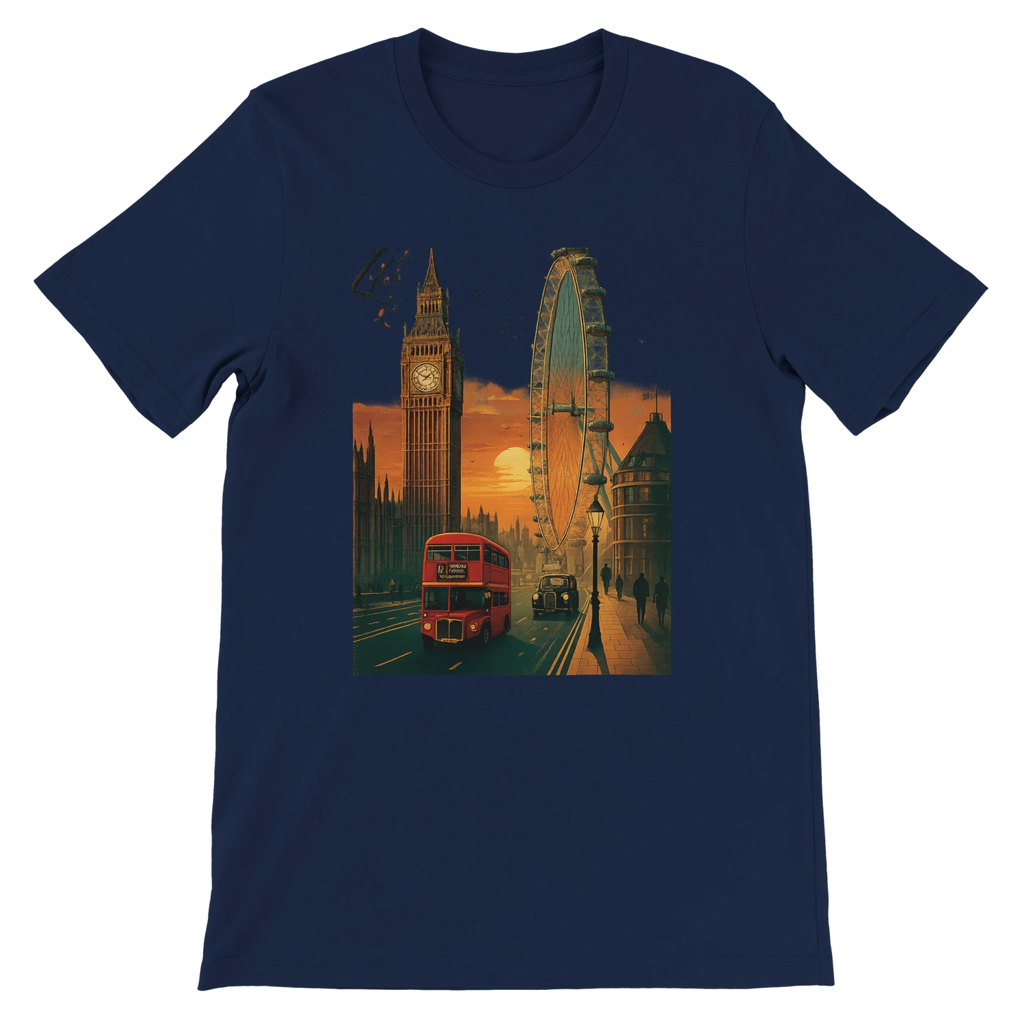 Navy blue London City Animated Style soft cotton T-shirt with colorful landmark illustration unisex DTG printed streetwear tee for travelers and London enthusiasts