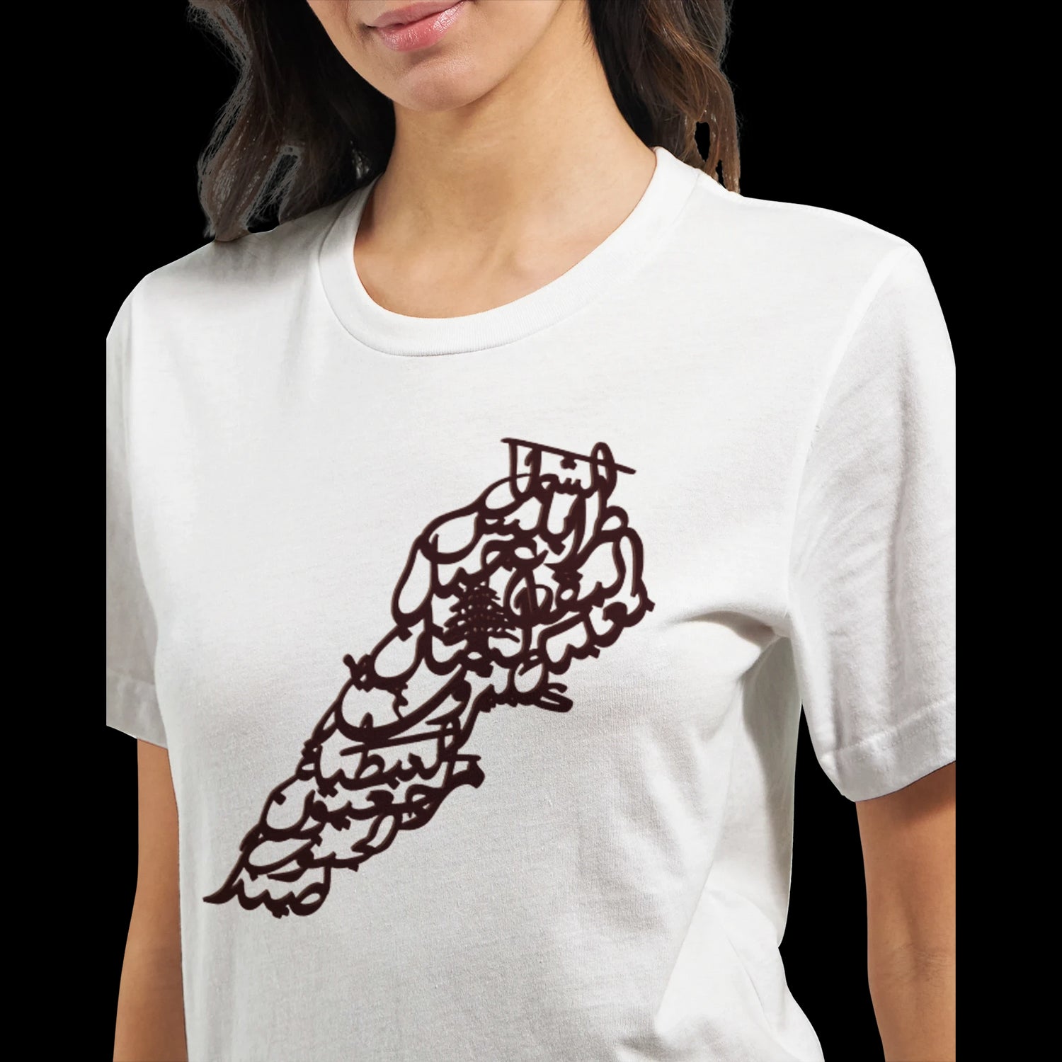 White tee with a black Arabic calligraphy Lebanon map design.