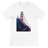 White Golden Gate Bridge animated style graphic t shirt featuring vibrant city landmark art in modern streetwear fashion. Soft cotton tee for travelers dreamers and casual urban outfits perfect for print on demand lovers and global culture fans.