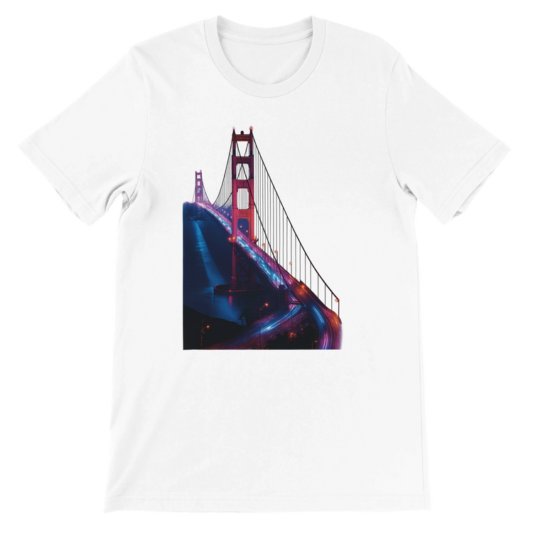 White Golden Gate Bridge animated style graphic t shirt featuring vibrant city landmark art in modern streetwear fashion. Soft cotton tee for travelers dreamers and casual urban outfits perfect for print on demand lovers and global culture fans.
