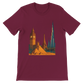 Maroon City Landmarks Animated T Shirt with unique artistic illustrations of international landmarks. High quality cotton unisex graphic tee perfect for travel lovers cultural enthusiasts and streetwear style seekers.