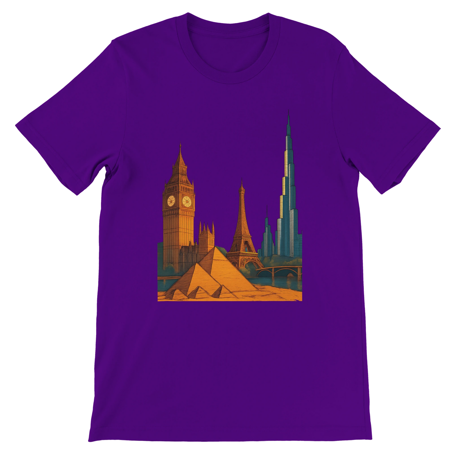 Team Purple City Landmarks Animated T Shirt with eye catching animated designs of famous monuments and city skylines. Stylish cotton graphic tee for travelers architecture fans and those who love cultural and global streetwear.