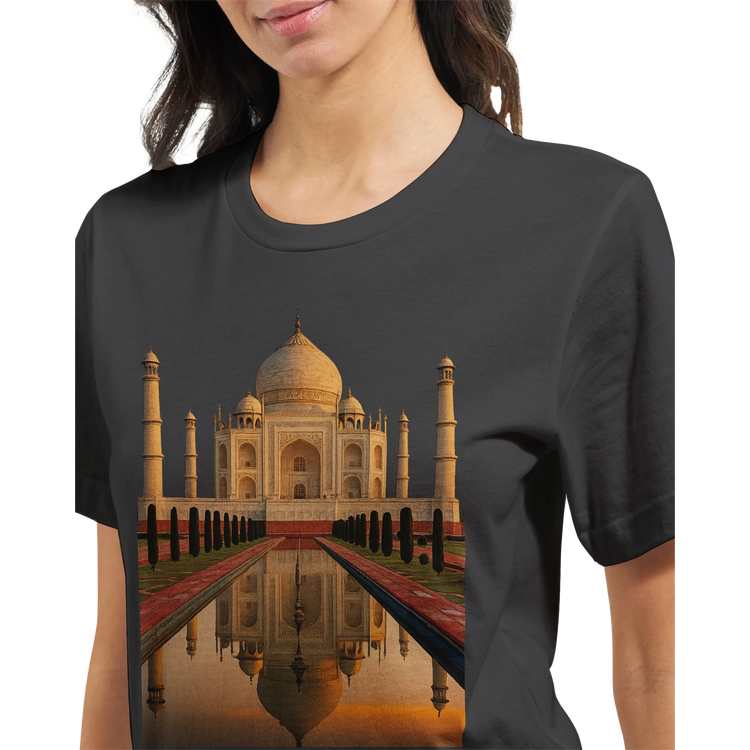 Taj Mahal animated print t-shirt made from soft eco-friendly cotton. Unique souvenir gift for travelers, Indian culture fans, and those seeking high-quality DTG printed landmark apparel for everyday wear.