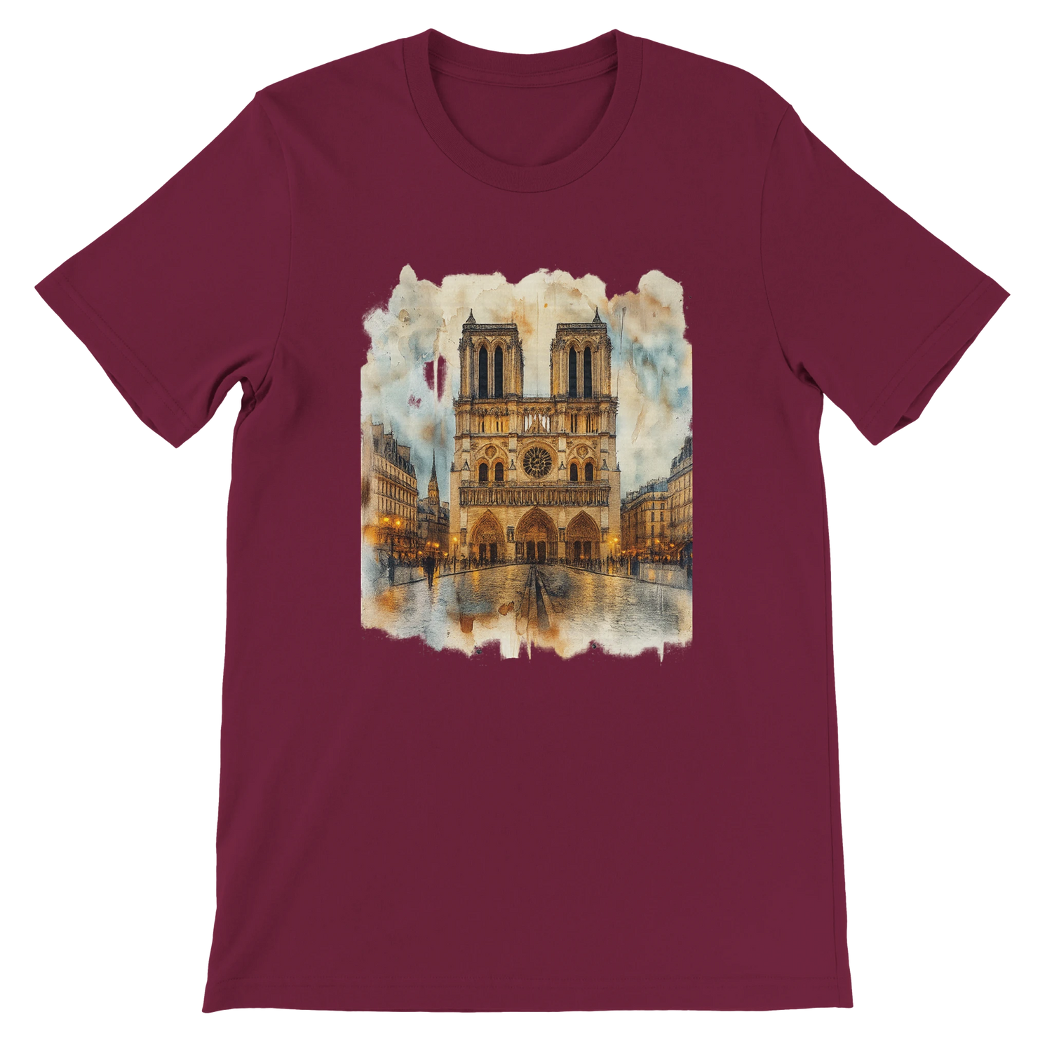 Maroon Notre Dame Cathedral Paris France landmark t shirt with animated city art design. Premium DTG printed streetwear tee for travelers, culture fans, and artistic fashion lovers. Soft unisex cotton for comfortable casual wear.