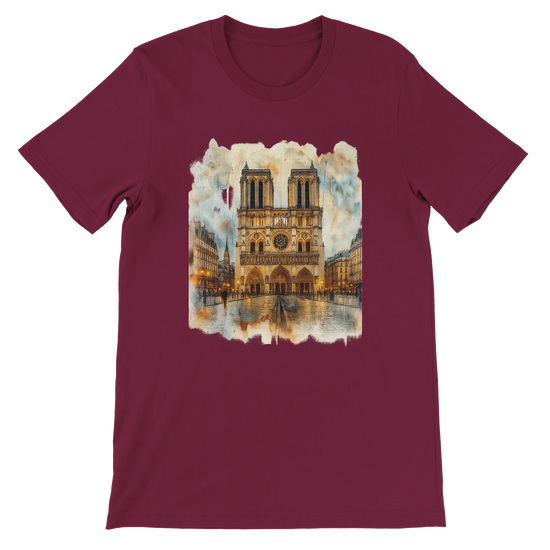 Maroon Notre Dame Cathedral Paris France landmark t shirt with animated city art design. Premium DTG printed streetwear tee for travelers, culture fans, and artistic fashion lovers. Soft unisex cotton for comfortable casual wear.