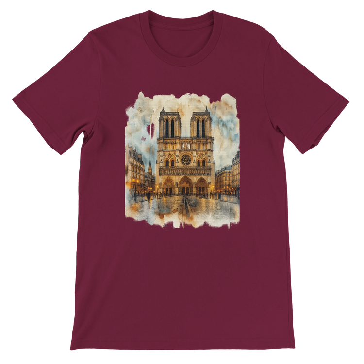 Maroon Notre Dame Cathedral Paris France landmark t shirt with animated city art design. Premium DTG printed streetwear tee for travelers, culture fans, and artistic fashion lovers. Soft unisex cotton for comfortable casual wear.