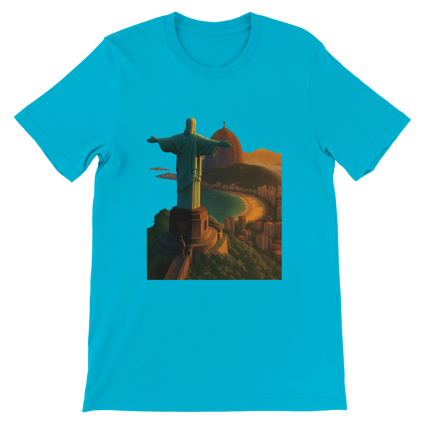 Turquoise animated Christ the Redeemer shirt inspired by Rio de Janeiro Brazil landmark. Soft ring spun cotton DTG printed tee for vibrant travel style and modern streetwear outfits.