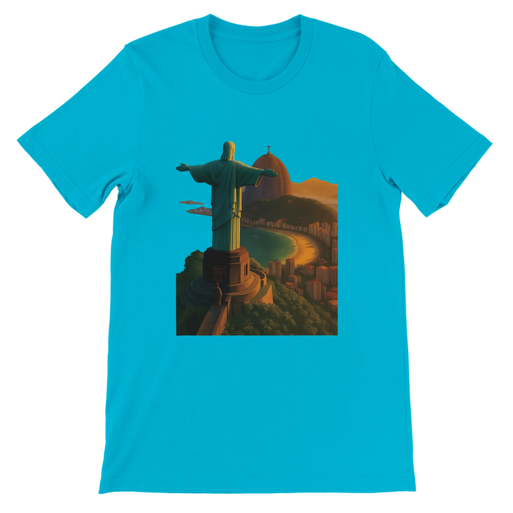 Turquoise animated Christ the Redeemer shirt inspired by Rio de Janeiro Brazil landmark. Soft ring spun cotton DTG printed tee for vibrant travel style and modern streetwear outfits.