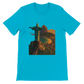 Turquoise animated Christ the Redeemer shirt inspired by Rio de Janeiro Brazil landmark. Soft ring spun cotton DTG printed tee for vibrant travel style and modern streetwear outfits.