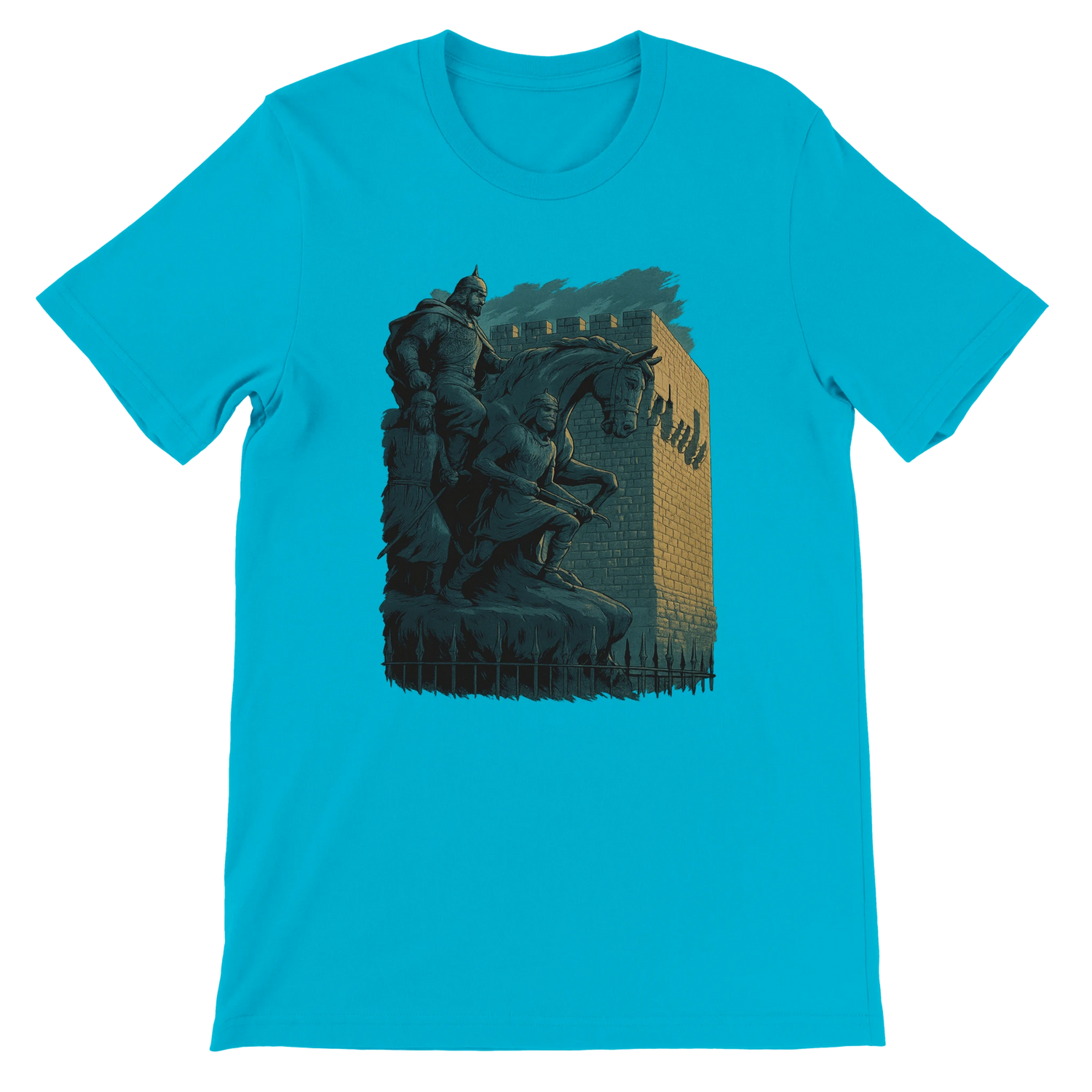 Turquoise tee with animated Salah Al Din landmark art from Damascus Syria. Trendy streetwear piece featuring vibrant color, soft cotton comfort, and a unisex fit. Ideal for cultural expression and urban travel fashion with premium DTG quality.