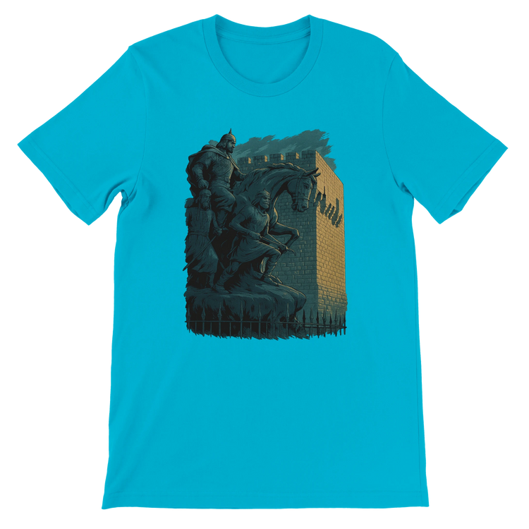 Turquoise tee with animated Salah Al Din landmark art from Damascus Syria. Trendy streetwear piece featuring vibrant color, soft cotton comfort, and a unisex fit. Ideal for cultural expression and urban travel fashion with premium DTG quality.