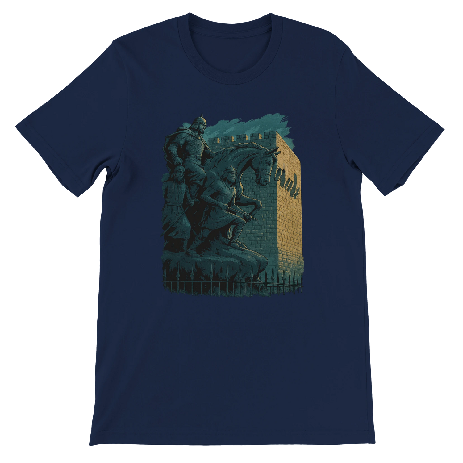 Navy blue t-shirt with animated landmark print of Salah Al Din statue based in Damascus Syria. Iconic historical design turned modern graphic art on premium eco-friendly cotton fabric. Urban travel fashion tee with DTG print quality.