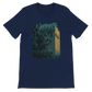 Navy blue t-shirt with animated landmark print of Salah Al Din statue based in Damascus Syria. Iconic historical design turned modern graphic art on premium eco-friendly cotton fabric. Urban travel fashion tee with DTG print quality.