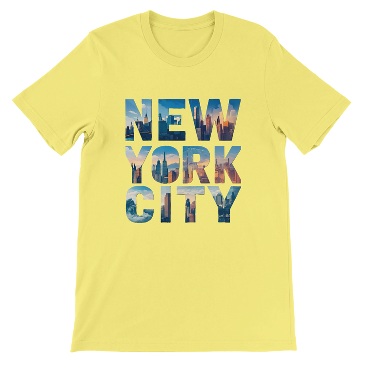 Bright yellow NYC skyline t shirt with animated city landmark design stylish unisex cotton tee perfect for travel inspired outfits and modern urban fashion breathable and sustainable streetwear shirt