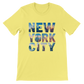 Bright yellow NYC skyline t shirt with animated city landmark design stylish unisex cotton tee perfect for travel inspired outfits and modern urban fashion breathable and sustainable streetwear shirt