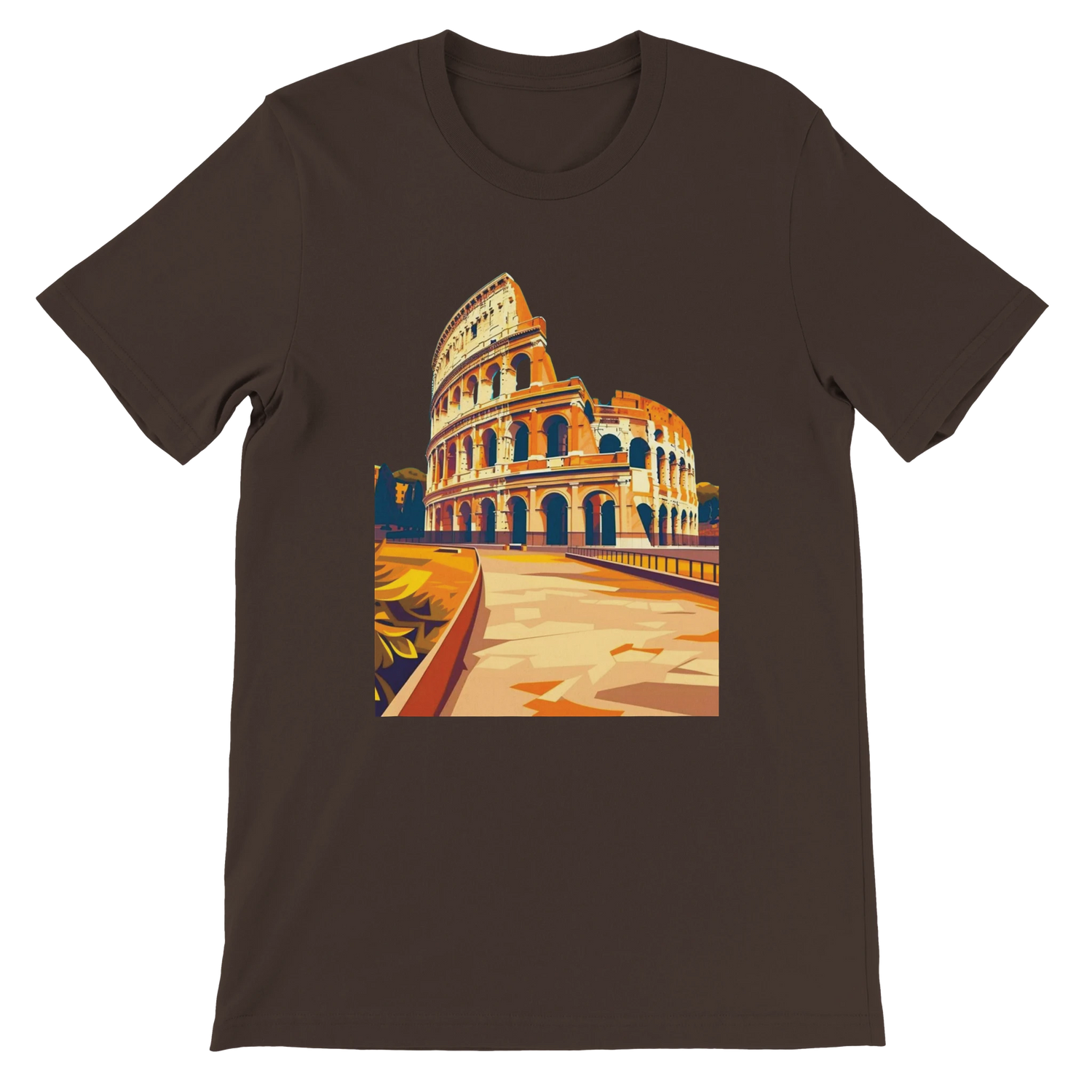 Brown Rome Colosseum animated t-shirt with artistic landmark design printed on soft cotton. Perfect unisex travel shirt for Italian culture lovers, urban streetwear fans and print on demand apparel collectors.