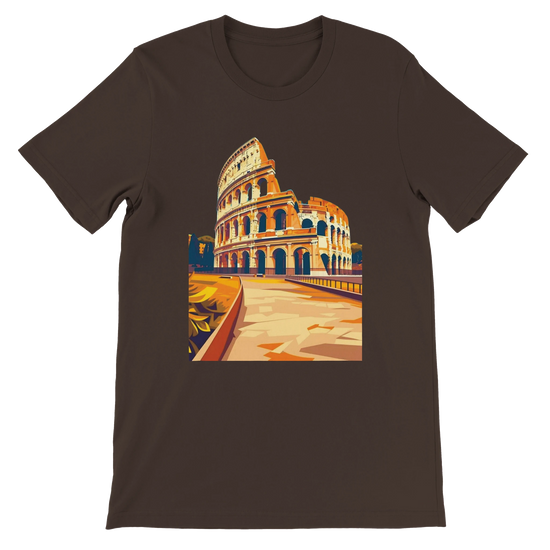 Brown Rome Colosseum animated t-shirt with artistic landmark design printed on soft cotton. Perfect unisex travel shirt for Italian culture lovers, urban streetwear fans and print on demand apparel collectors.