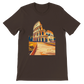Brown Rome Colosseum animated t-shirt with artistic landmark design printed on soft cotton. Perfect unisex travel shirt for Italian culture lovers, urban streetwear fans and print on demand apparel collectors.