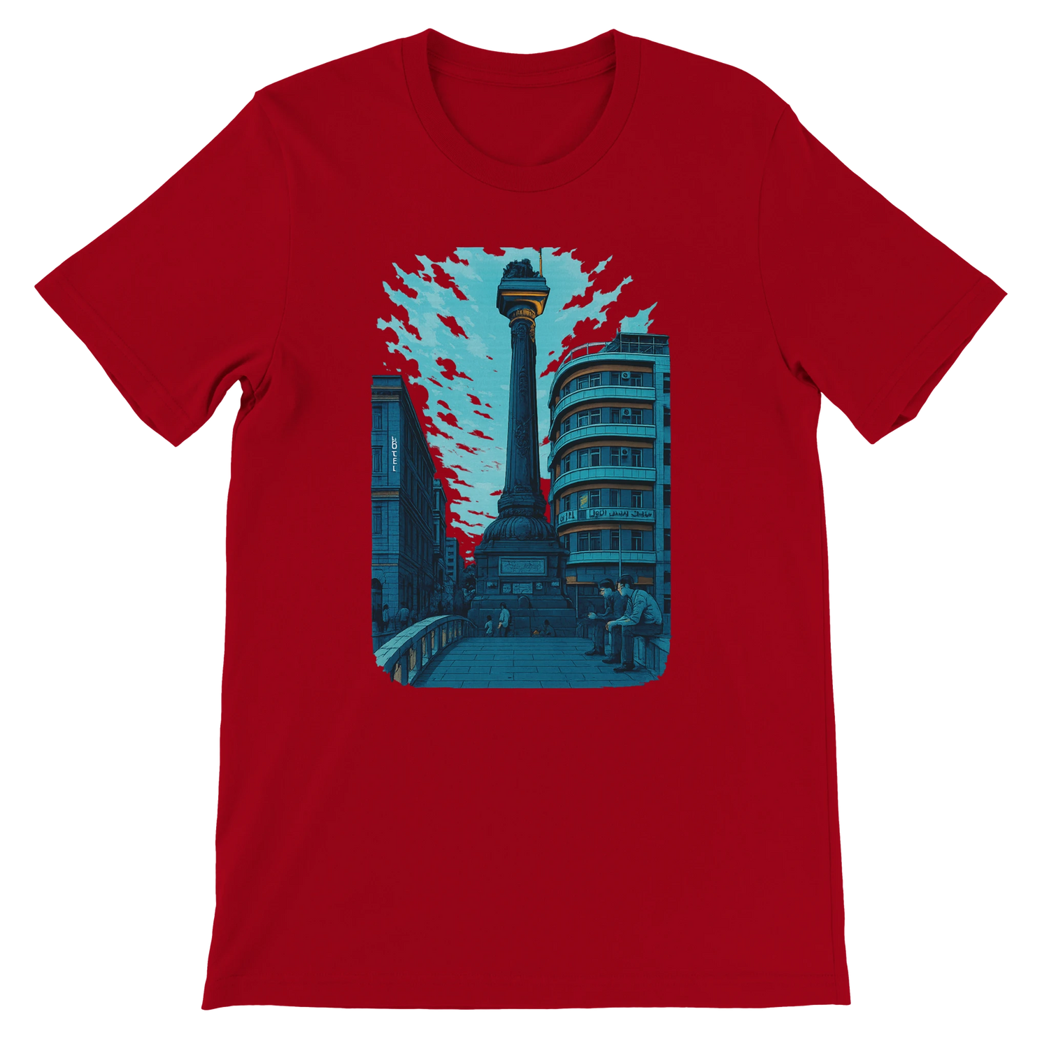 Red cotton T shirt featuring animated Al Marjeh Square Damascus Syria artwork perfect for streetwear urban outfits travel fashion and print on demand cultural apparel