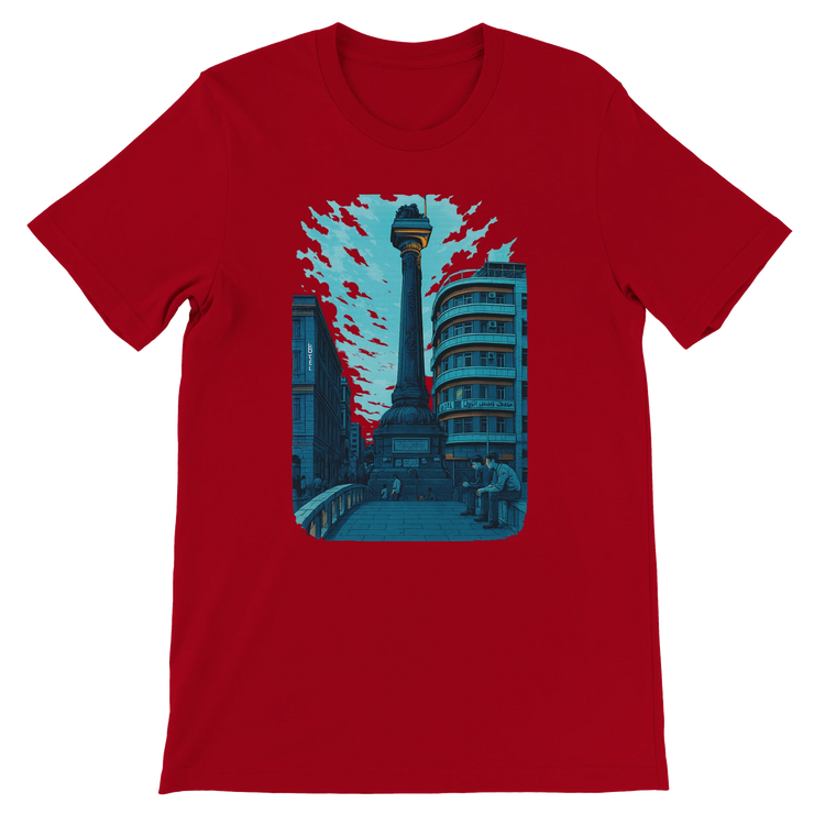 Red cotton T shirt featuring animated Al Marjeh Square Damascus Syria artwork perfect for streetwear urban outfits travel fashion and print on demand cultural apparel