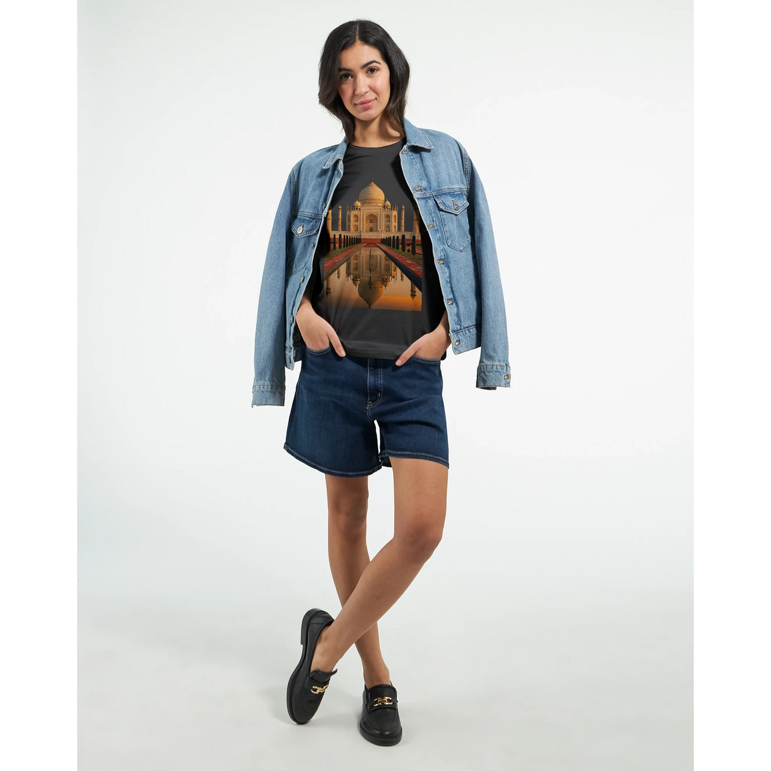 Unisex travel t-shirt with animated Taj Mahal design in colorful DTG print on premium cotton. Ideal for wanderlust lovers, travel bloggers, and cultural explorers looking for a soft comfortable souvenir-style streetwear tee.