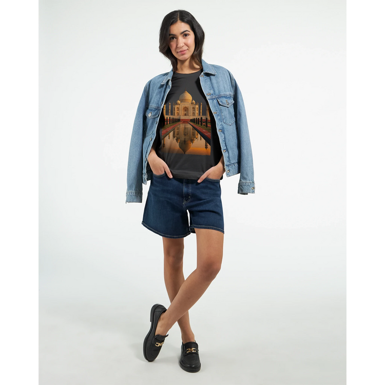 Unisex travel t-shirt with animated Taj Mahal design in colorful DTG print on premium cotton. Ideal for wanderlust lovers, travel bloggers, and cultural explorers looking for a soft comfortable souvenir-style streetwear tee.