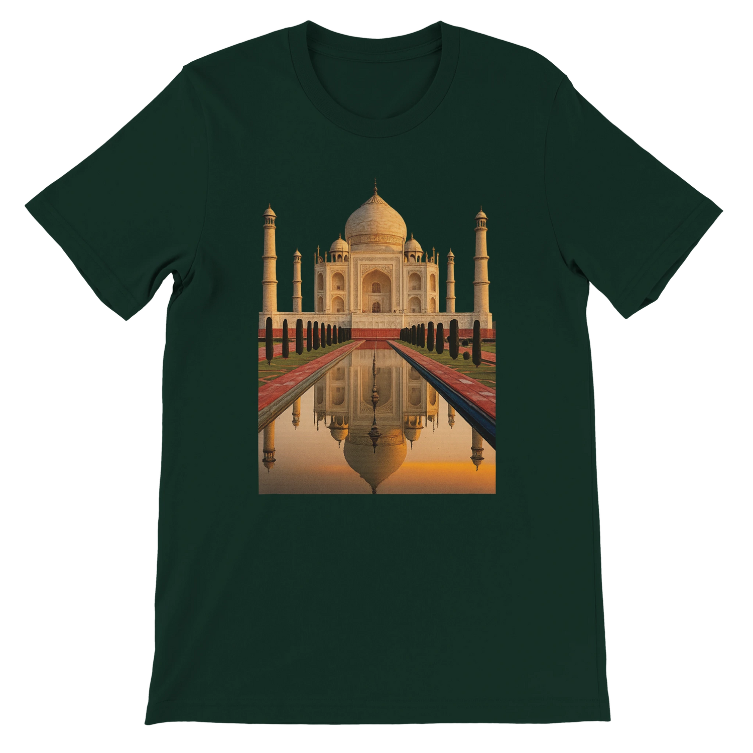 Forest green t-shirt featuring colorful animated Taj Mahal print. Soft cotton unisex fit, perfect for sustainable fashion and expressive streetwear. Ideal for global travelers and fans of Indian heritage style.