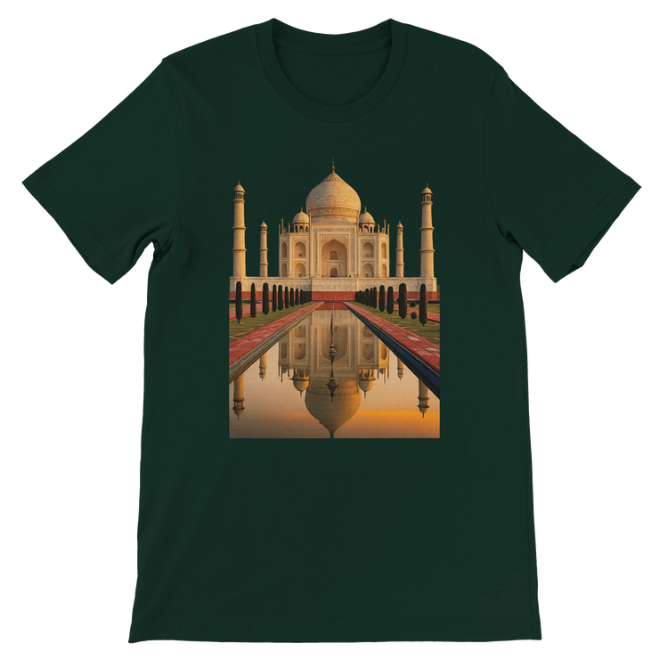 Forest green t-shirt featuring colorful animated Taj Mahal print. Soft cotton unisex fit, perfect for sustainable fashion and expressive streetwear. Ideal for global travelers and fans of Indian heritage style.