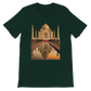 Forest green t-shirt featuring colorful animated Taj Mahal print. Soft cotton unisex fit, perfect for sustainable fashion and expressive streetwear. Ideal for global travelers and fans of Indian heritage style.