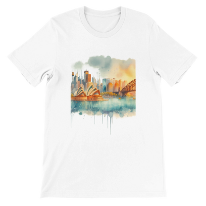 White Sydney Opera House and Harbour Bridge t-shirt featuring animated landmark artwork. Printed on soft Airlume cotton, perfect for travelers, minimalist streetwear fans, and global culture enthusiasts. Eco-friendly and DTG optimized unisex fit.