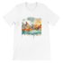 White Sydney Opera House and Harbour Bridge t-shirt featuring animated landmark artwork. Printed on soft Airlume cotton, perfect for travelers, minimalist streetwear fans, and global culture enthusiasts. Eco-friendly and DTG optimized unisex fit.