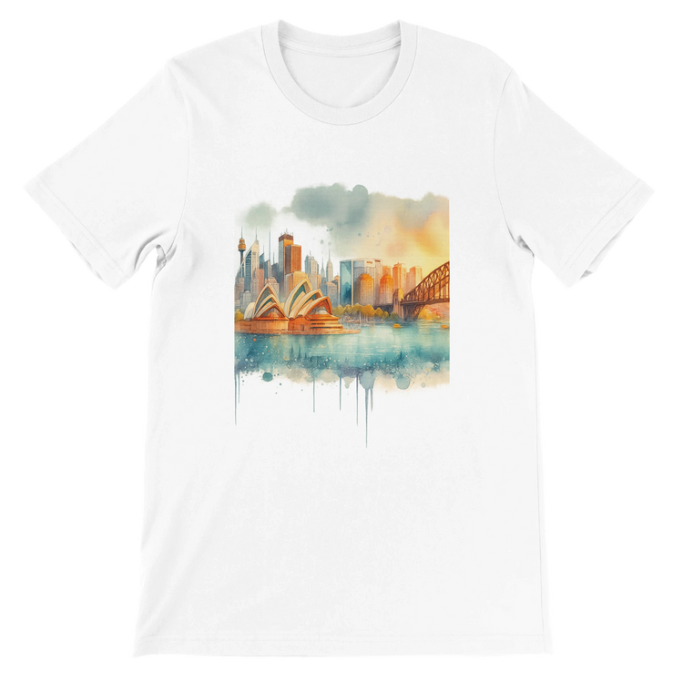 White Sydney Opera House and Harbour Bridge t-shirt featuring animated landmark artwork. Printed on soft Airlume cotton, perfect for travelers, minimalist streetwear fans, and global culture enthusiasts. Eco-friendly and DTG optimized unisex fit.