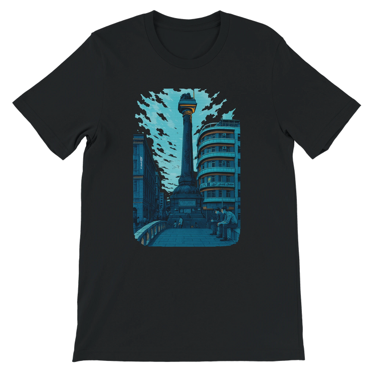 Black premium cotton T shirt with animated Al Marjeh Square Damascus Syria artwork classic and bold streetwear style for travelers cultural enthusiasts and print on demand collections