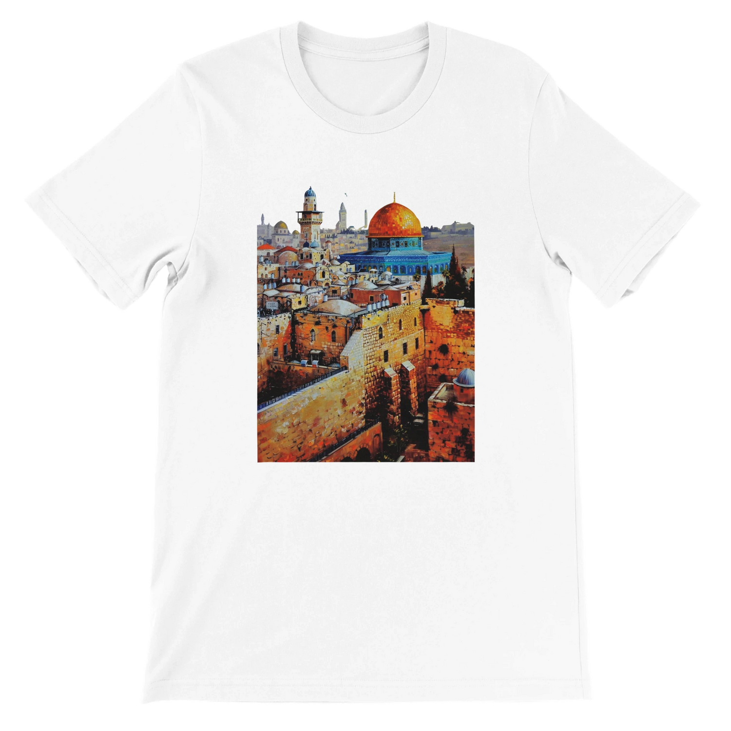 White Al Aqsa Mosque animated graphic T-shirt featuring vibrant landmark illustration with modern art style. Premium unisex cotton tee with soft feel and tailored fit. Perfect for travel lovers Islamic heritage enthusiasts and streetwear fashion fans.