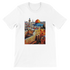 White Al Aqsa Mosque animated graphic T-shirt featuring vibrant landmark illustration with modern art style. Premium unisex cotton tee with soft feel and tailored fit. Perfect for travel lovers Islamic heritage enthusiasts and streetwear fashion fans.