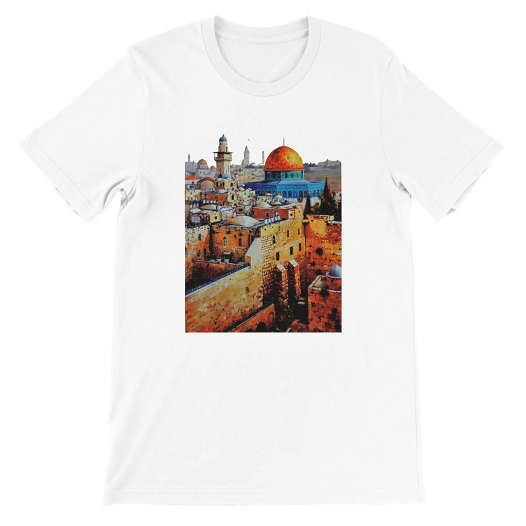 White Al Aqsa Mosque animated graphic T-shirt featuring vibrant landmark illustration with modern art style. Premium unisex cotton tee with soft feel and tailored fit. Perfect for travel lovers Islamic heritage enthusiasts and streetwear fashion fans.