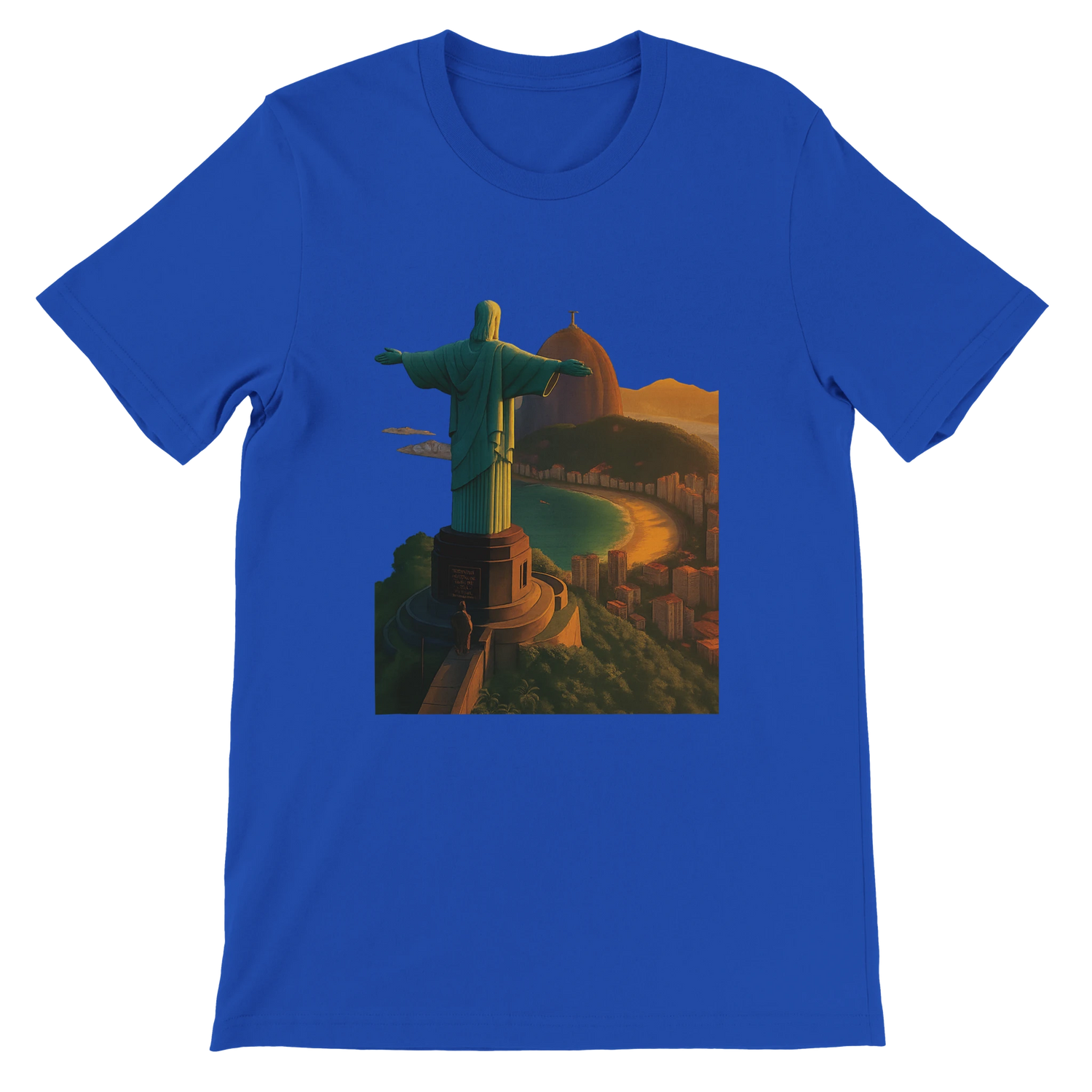 True royal blue Christ the Redeemer animated travel t-shirt with Rio de Janeiro Brazil landmark artwork. Durable breathable cotton streetwear tee for globe trotters and culture inspired fashion.